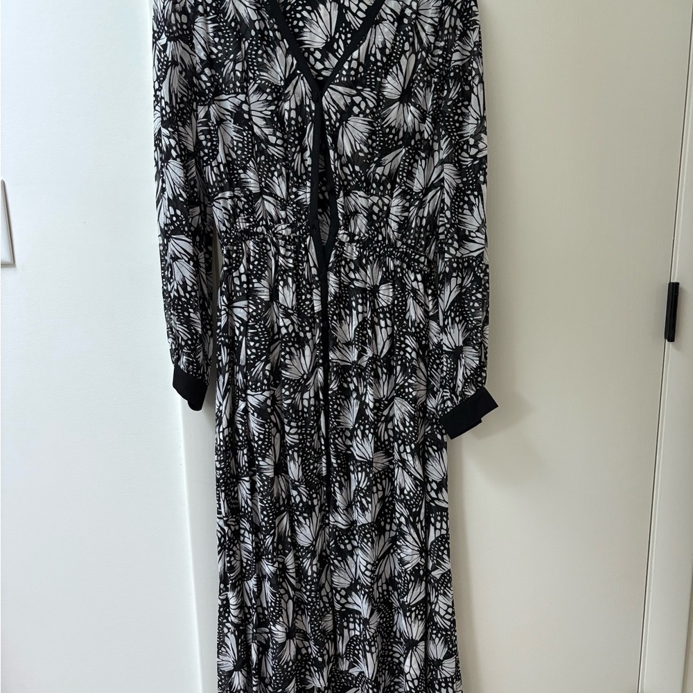 The Kooples Black and White Long Sleeve V-Neck Dress